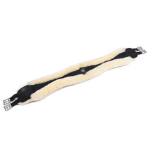 Load image into Gallery viewer, Horsedream luxury Contoured sheepskin long girth for. Black with natural sheepskin rolled over the edges to ensure maximum comfort for your horse. Stainless steel roller buckles. Manufactured by Werner Christ Lammfelle