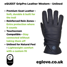 Load image into Gallery viewer, eQUEST GripPro Western Leather Riding Gloves – Black | Unlined | Touchscreen